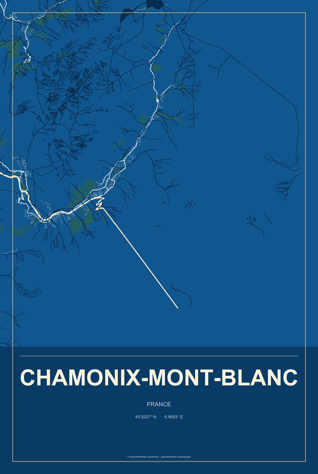 Chamonix-Mont-Blanc, France City Map Aluminum Sign in Harbor Cobalt style