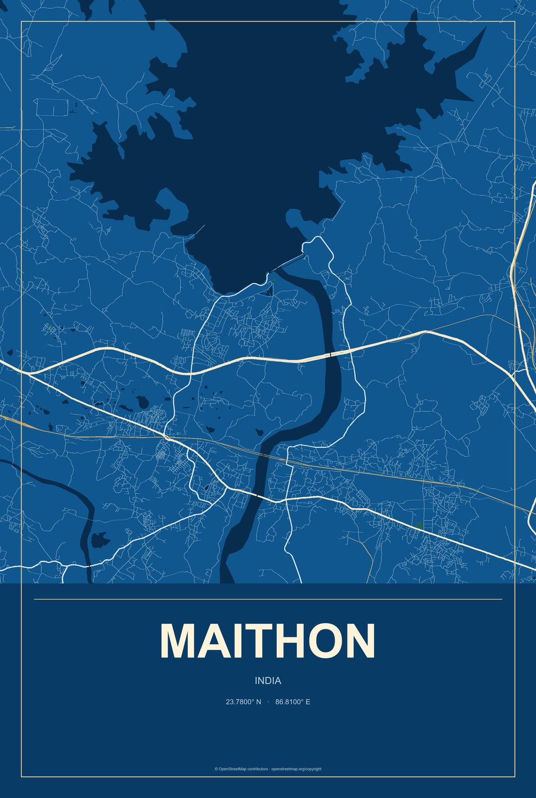 Maithon, India City Map Aluminum Sign in Harbor Cobalt style