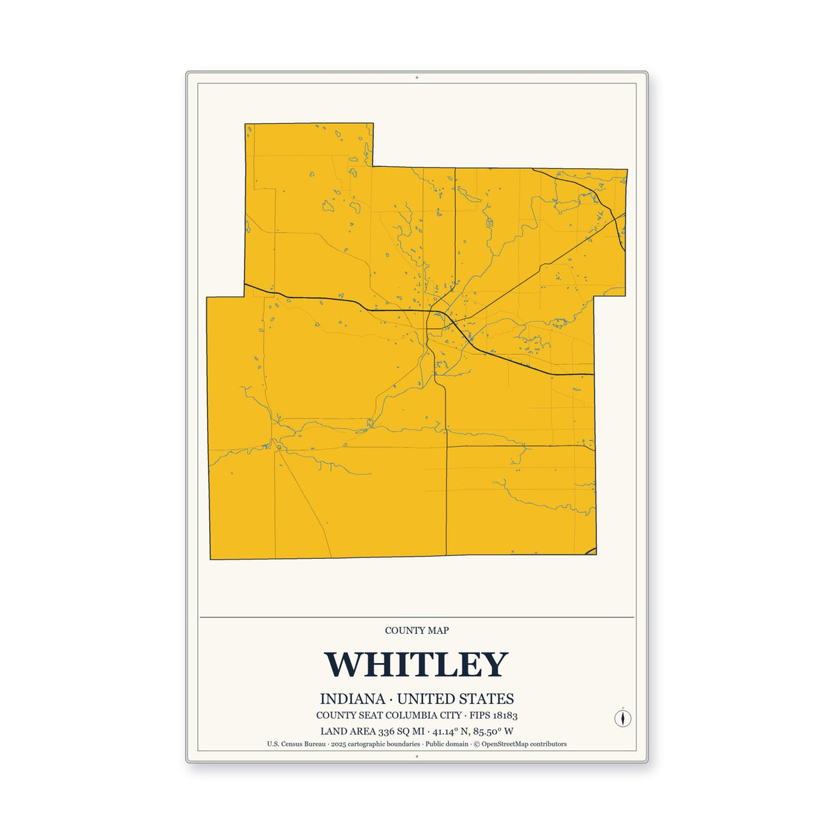 Whitley County, Indiana Map Aluminum Sign in Citrine Modern style
