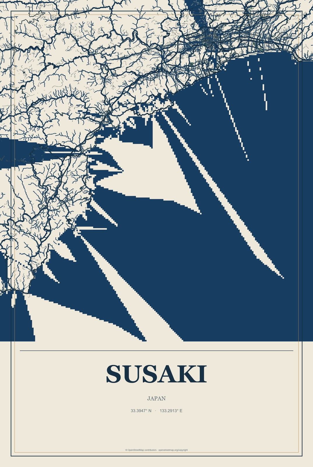Susaki, Japan City Map Aluminum Sign in Coastal Cutout style