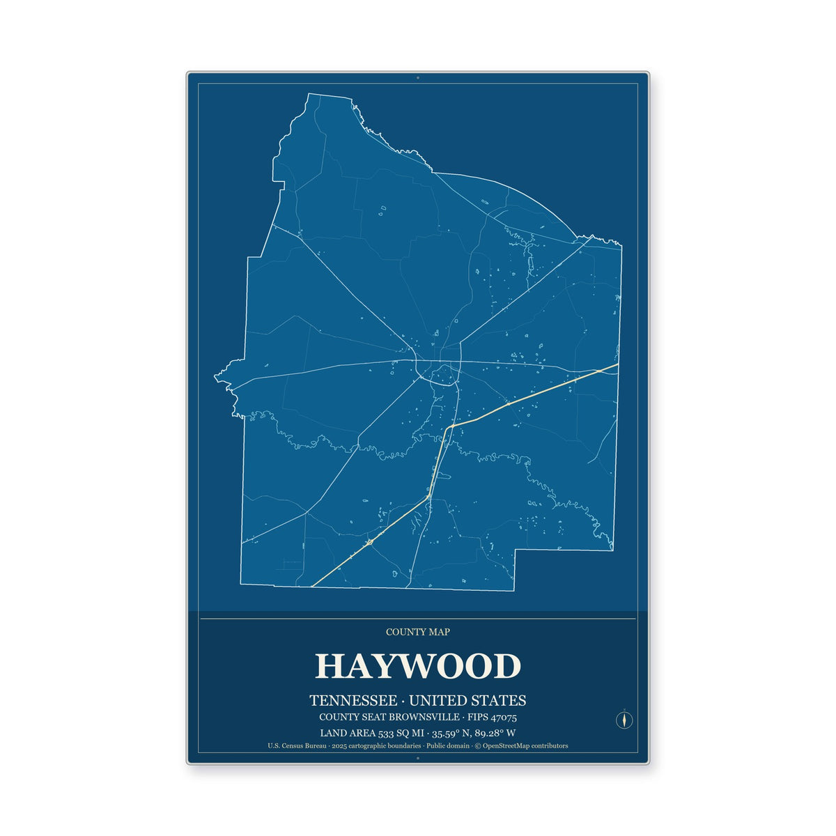 Haywood County, Tennessee Map Aluminum Sign in Harbor Cobalt style