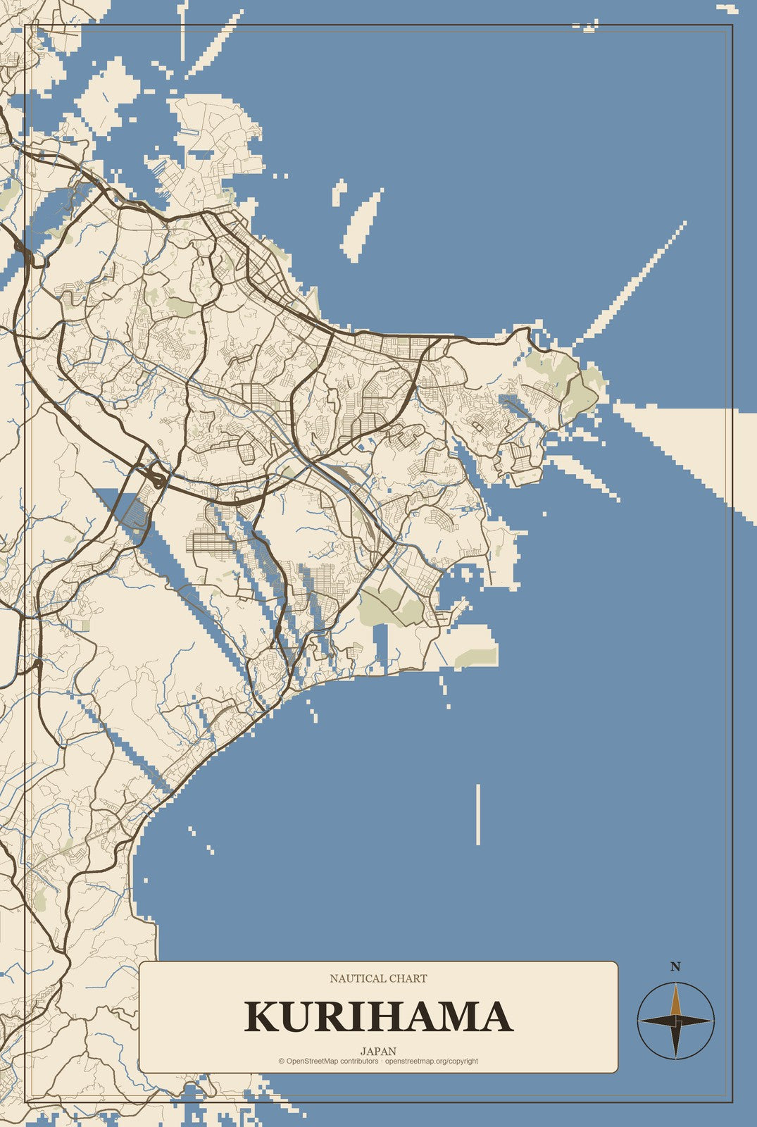 Kurihama, Japan City Map Aluminum Sign in Heritage Nautical style