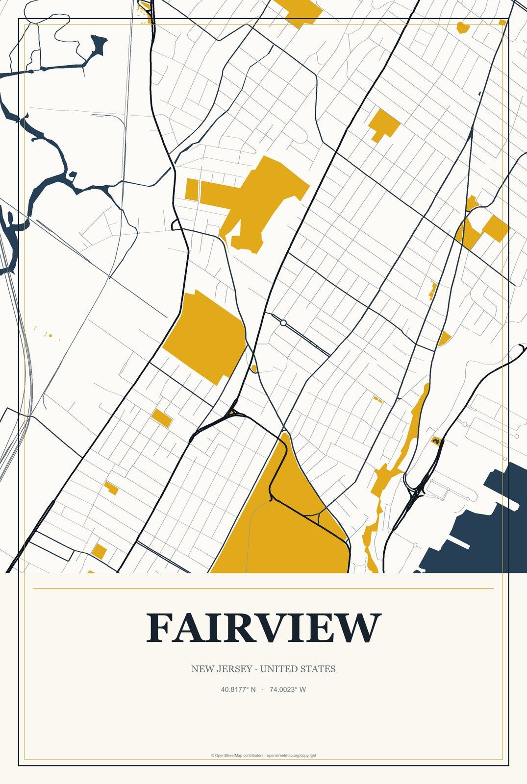 Fairview, New Jersey City Map Aluminum Sign in Citrine Modern style