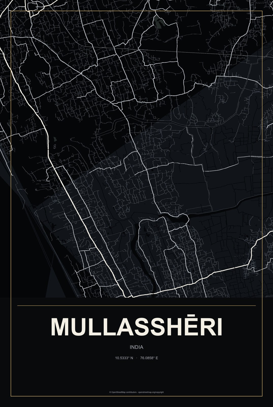 Mullasshēri, India City Map Aluminum Sign in Metropolitan Noir style