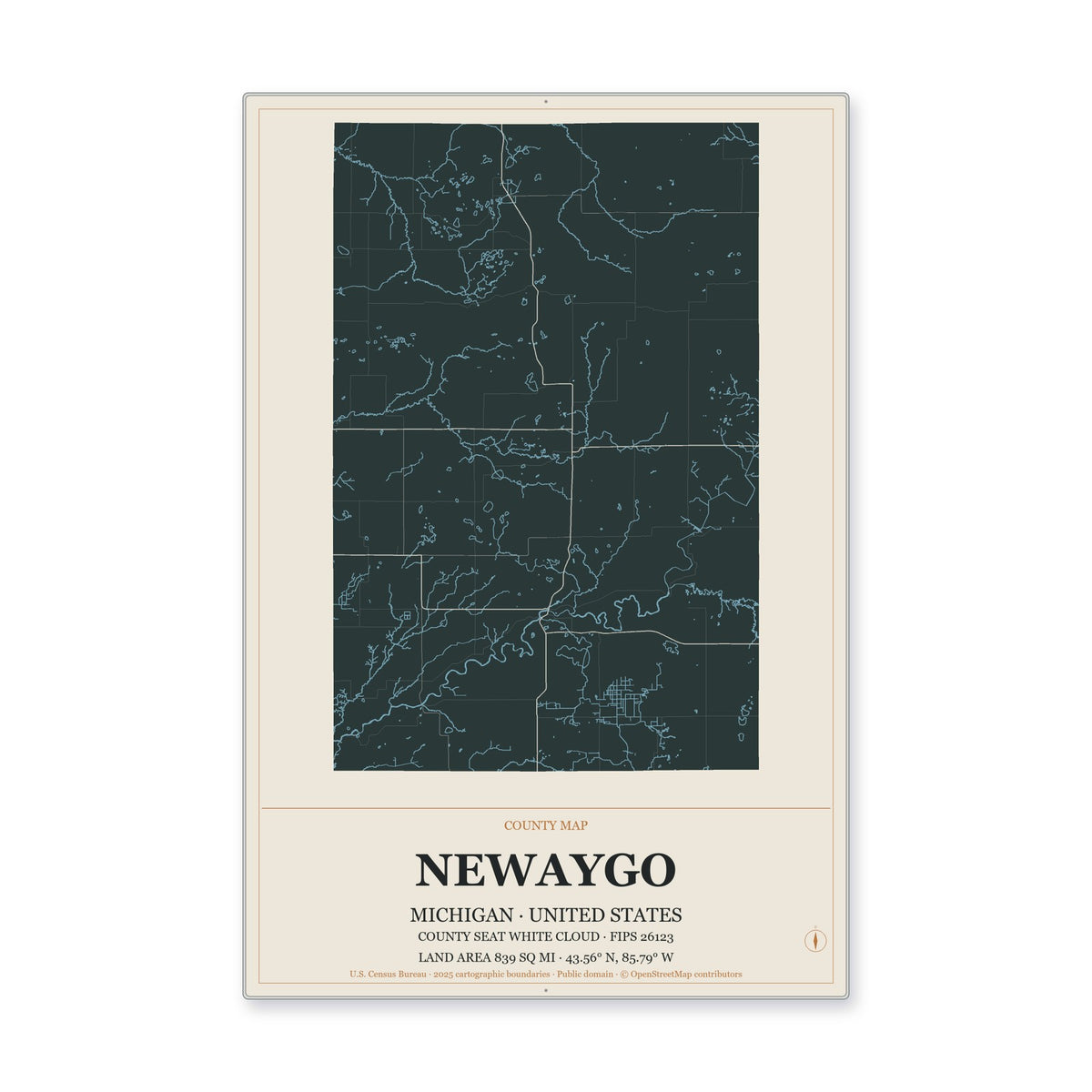 Newaygo County, Michigan Map Aluminum Sign in Headline Atlas style