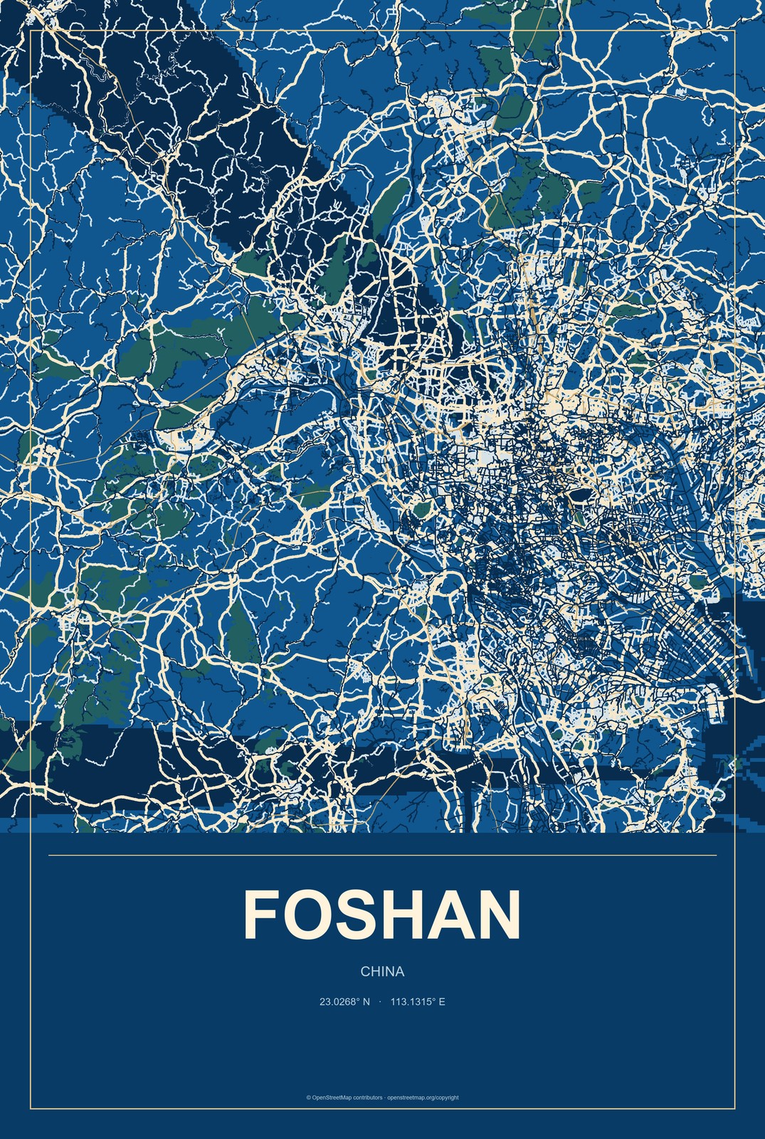 Foshan, China City Map Aluminum Sign in Harbor Cobalt style