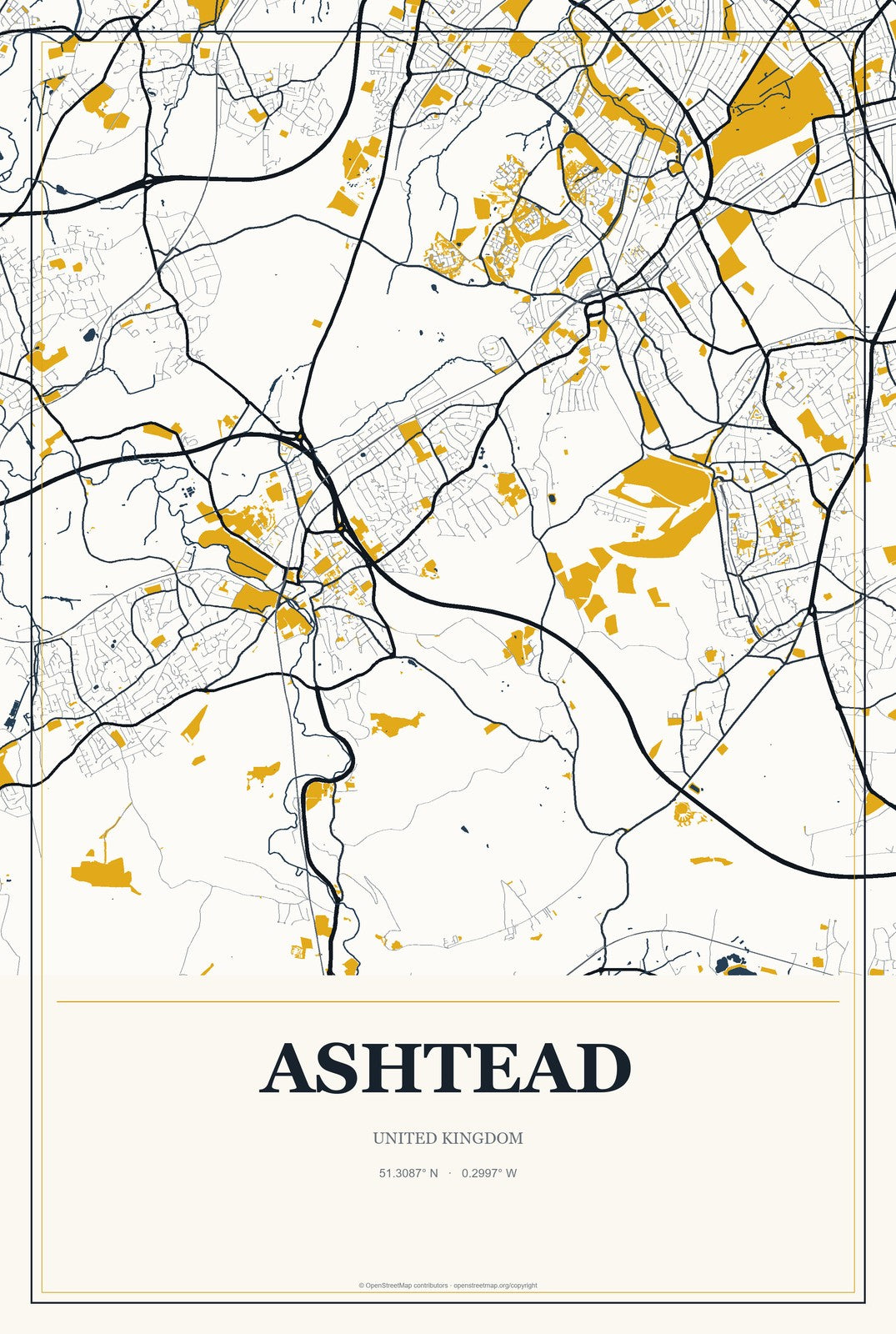Ashtead, United Kingdom City Map Aluminum Sign in Citrine Modern style