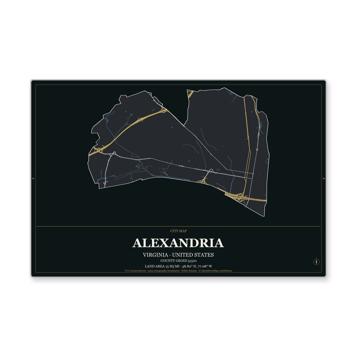 Alexandria city, Virginia Map Aluminum Sign in Metropolitan Noir style