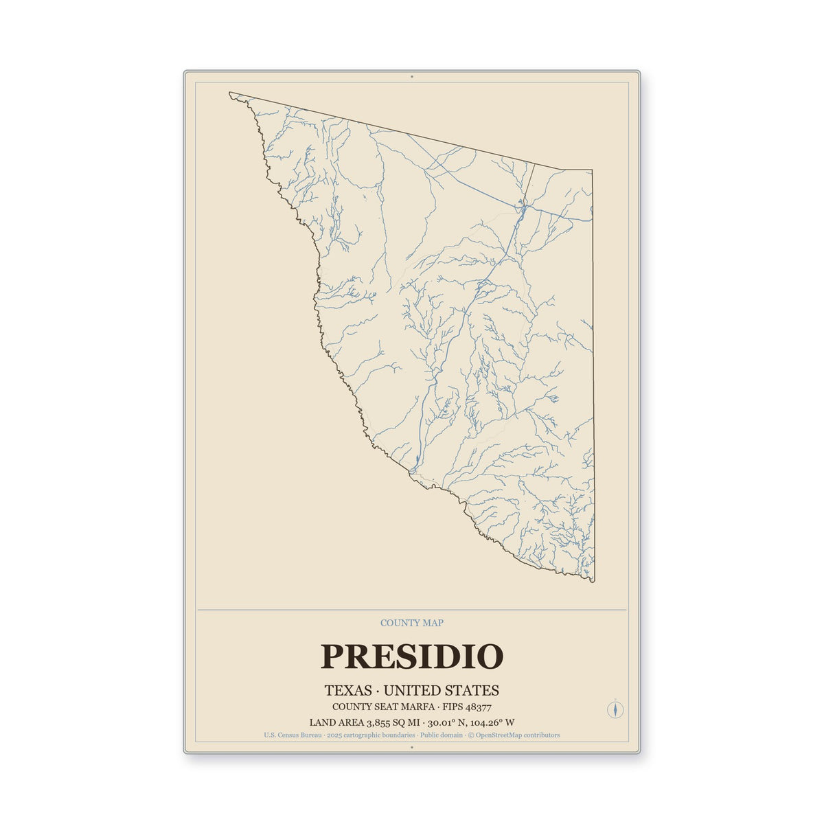 Presidio County, Texas Map Aluminum Sign in Heritage Nautical style