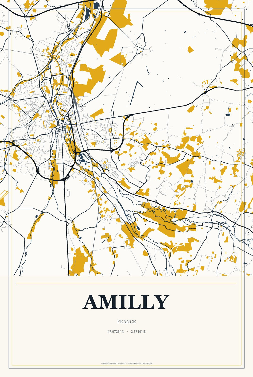 Amilly, France City Map Aluminum Sign in Citrine Modern style