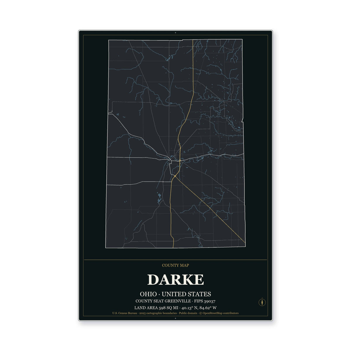 Darke County, Ohio Map Aluminum Sign in Metropolitan Noir style