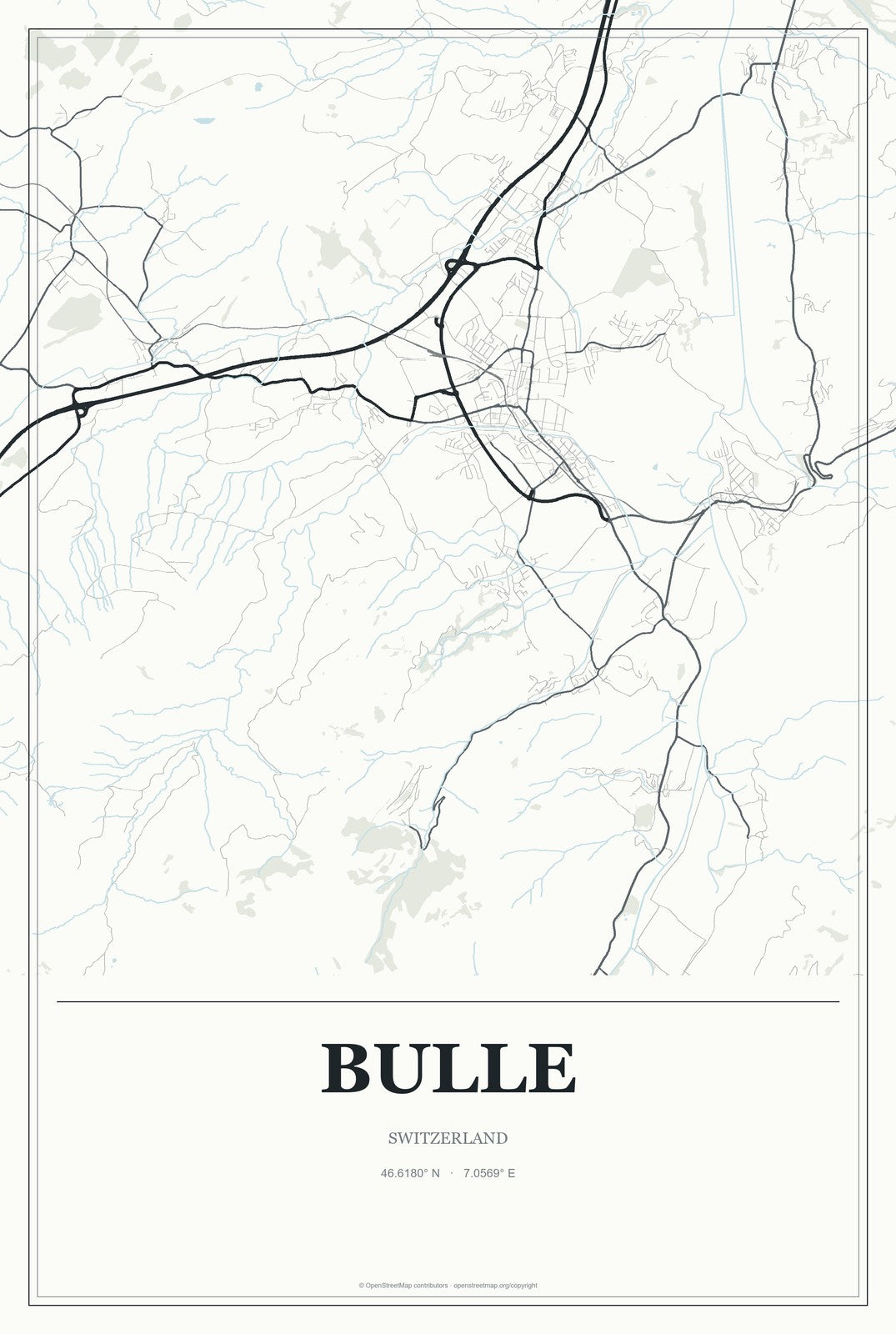 Bulle, Switzerland City Map Aluminum Sign in Gallery Air style