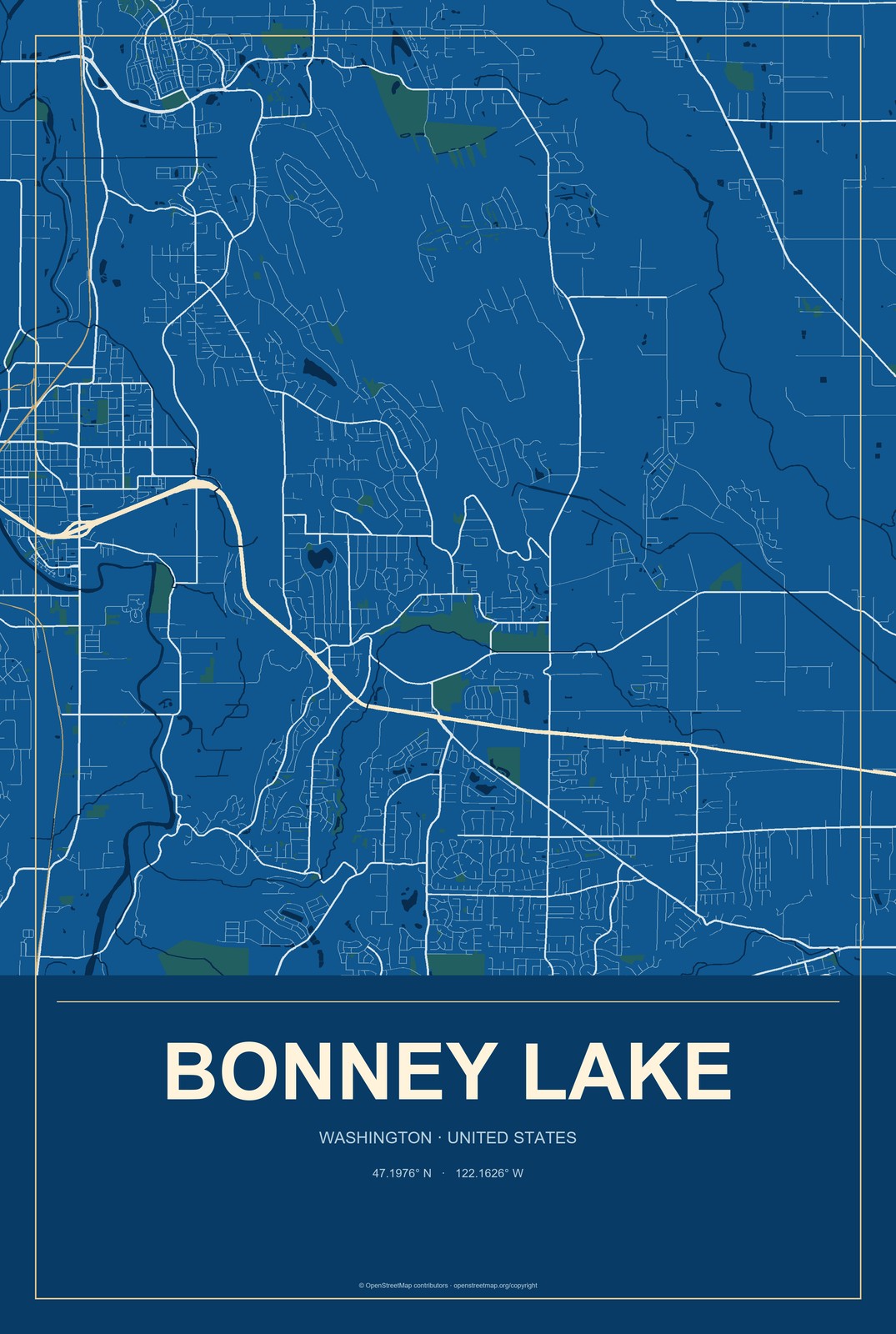 Bonney Lake, Washington City Map Aluminum Sign in Harbor Cobalt style