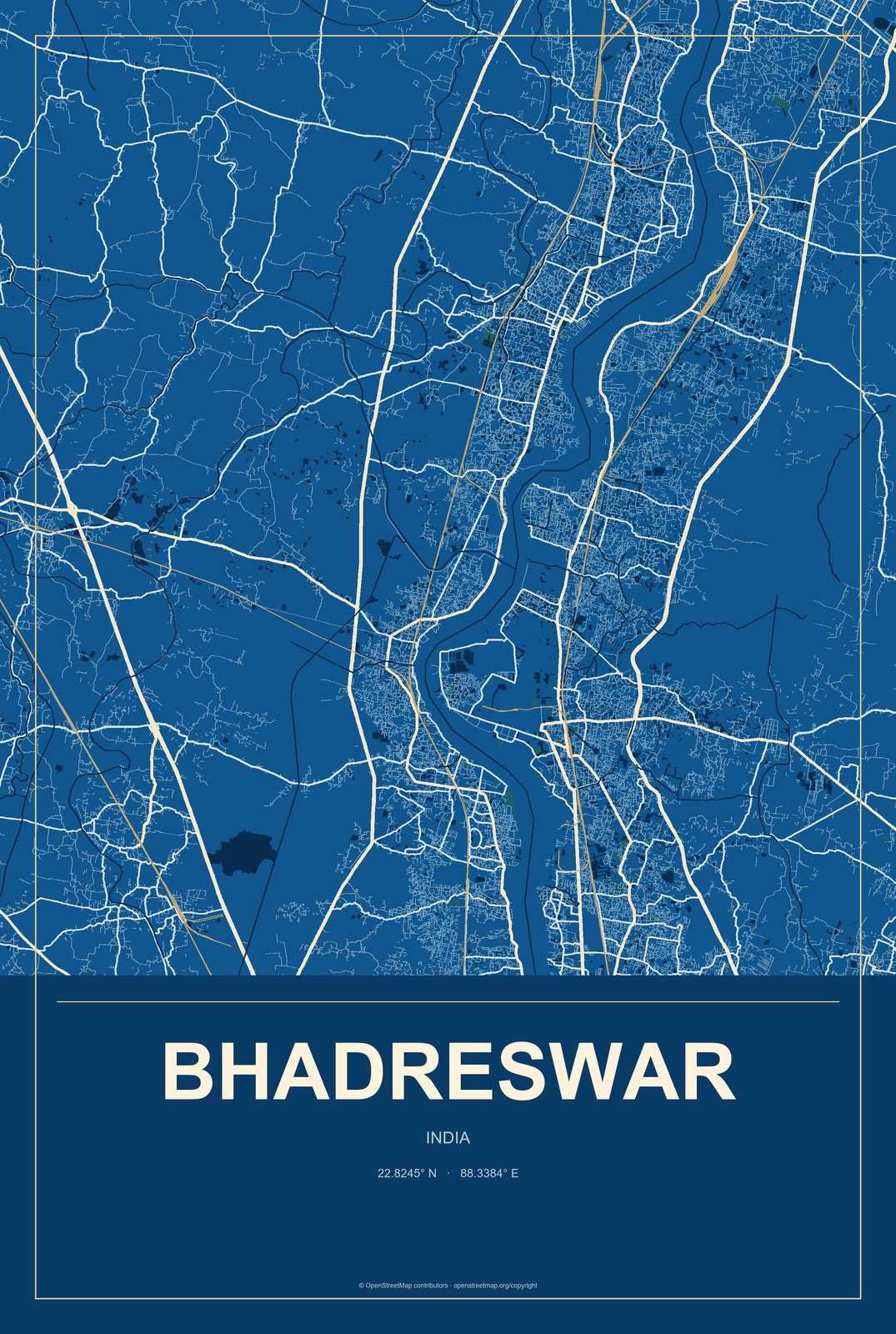 Bhadreswar, India City Map Aluminum Sign in Harbor Cobalt style