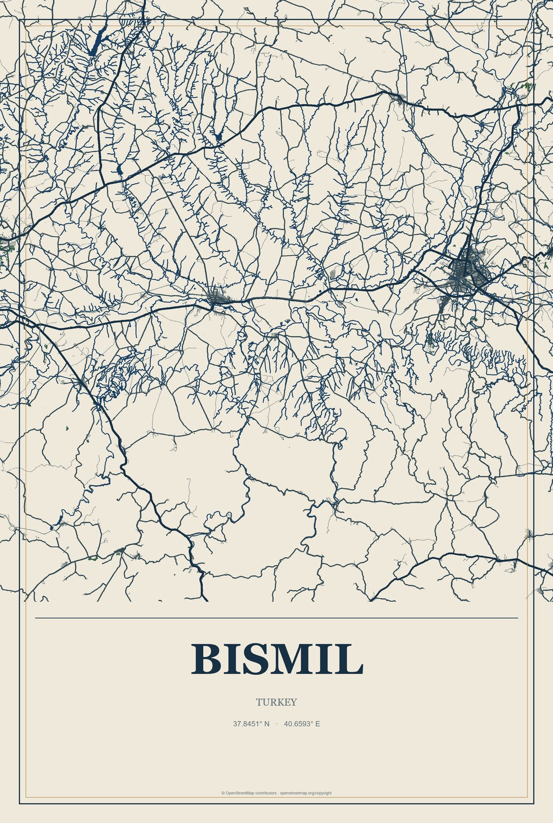 Bismil, Turkey City Map Aluminum Sign in Coastal Cutout style
