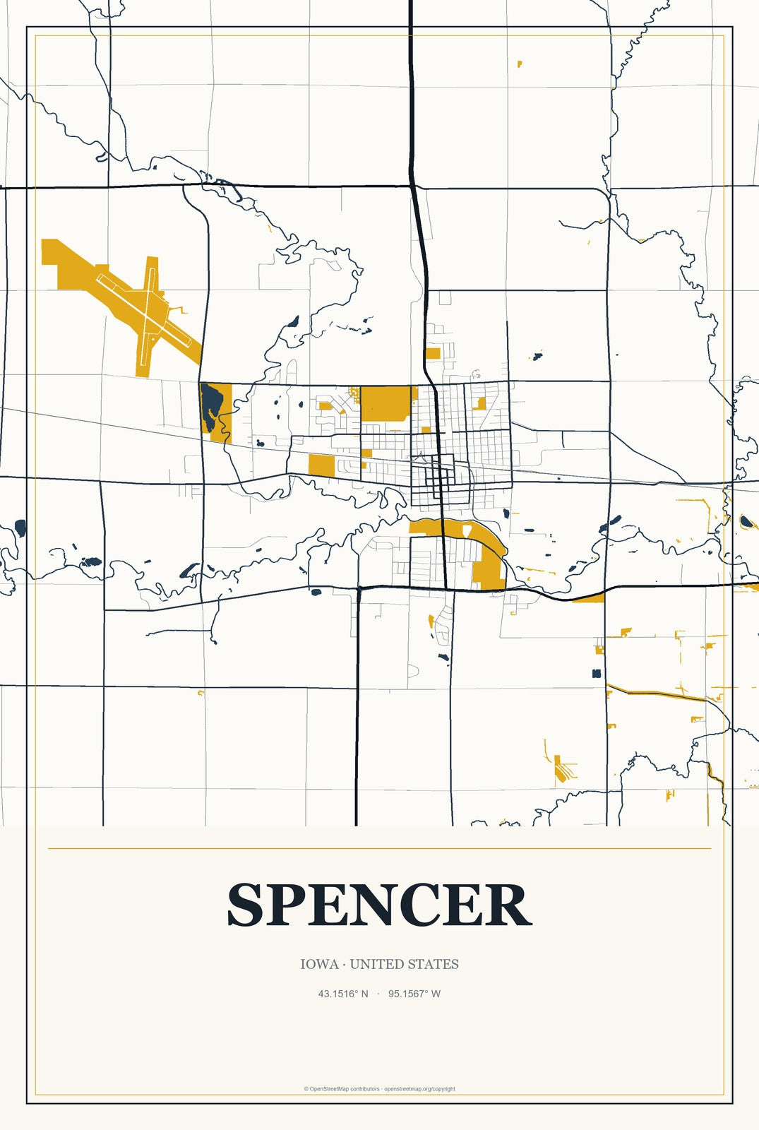 Spencer, Iowa City Map Aluminum Sign in Citrine Modern style