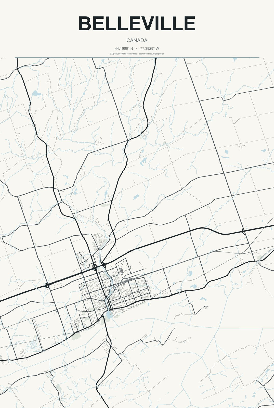 Belleville, Canada City Map Aluminum Sign in Headline Atlas style