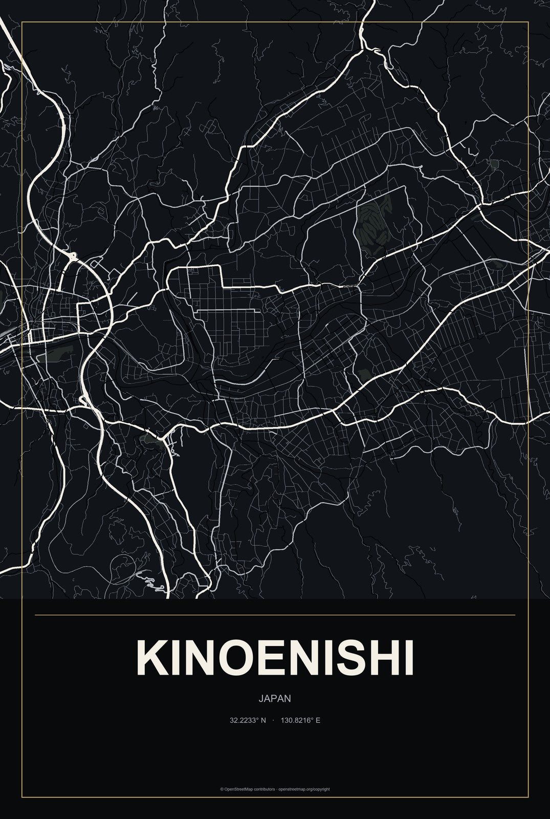 Kinoenishi, Japan City Map Aluminum Sign in Metropolitan Noir style