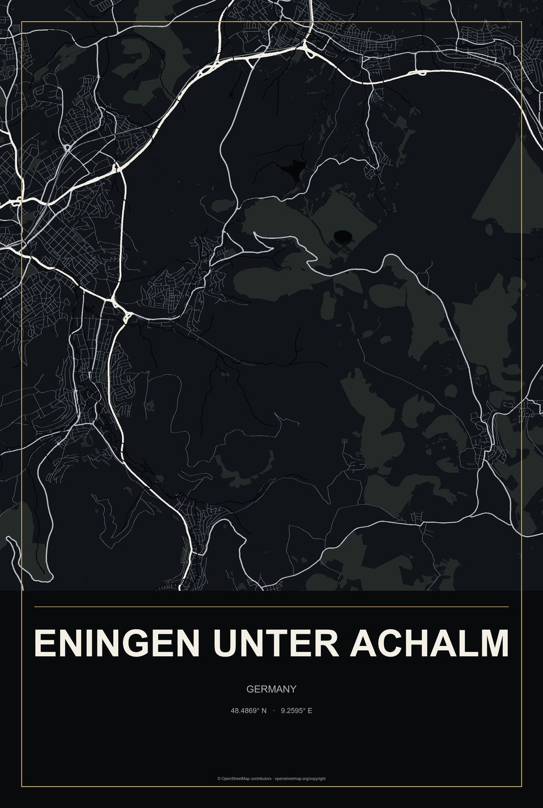 Eningen unter Achalm, Germany City Map Aluminum Sign in Metropolitan Noir style