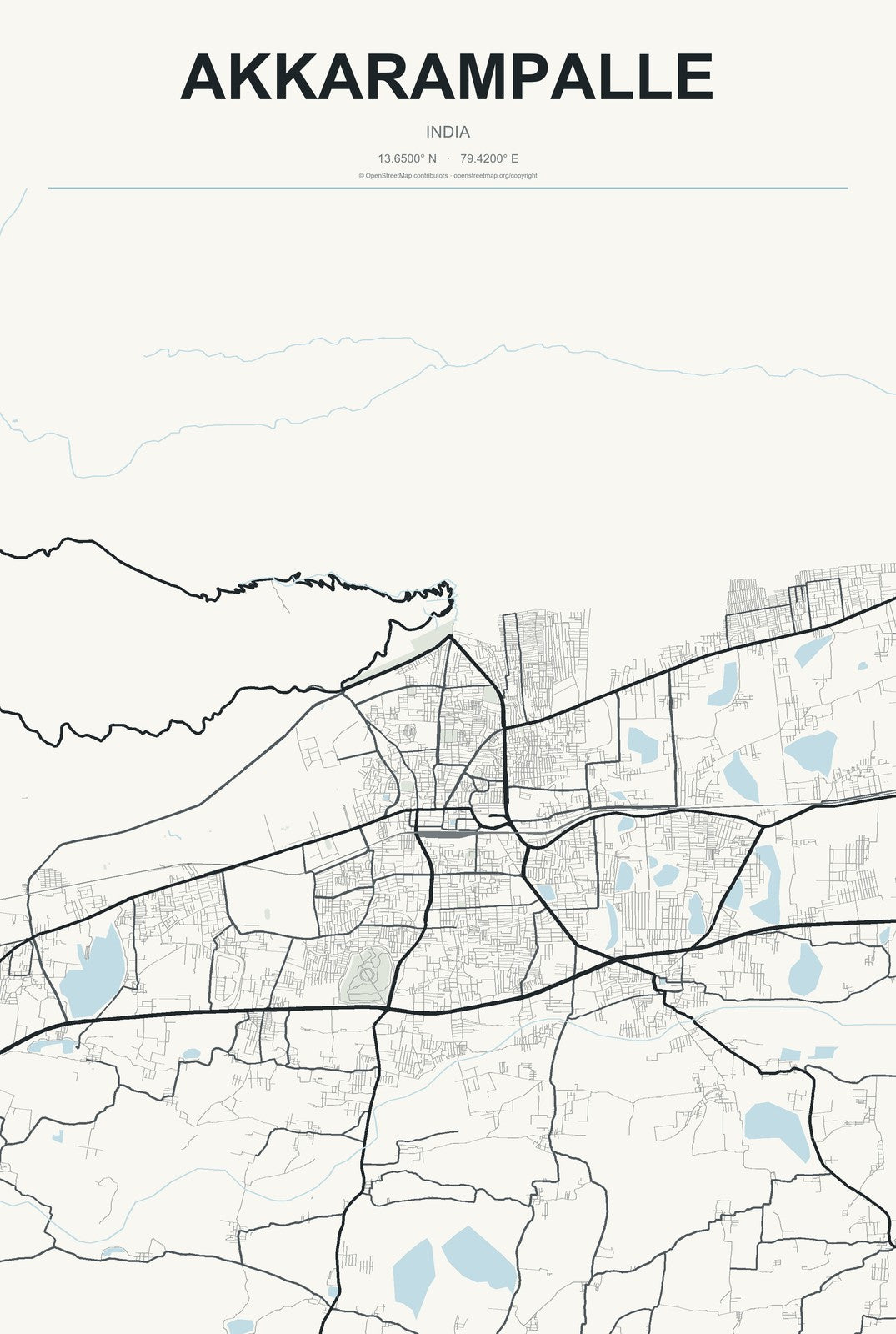 Akkarampalle, India City Map Aluminum Sign in Headline Atlas style