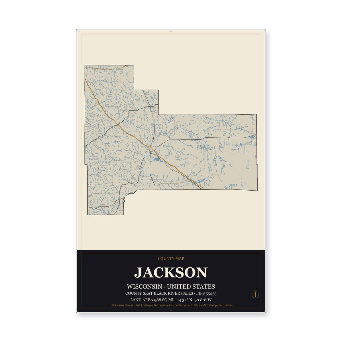 Jackson County, Wisconsin Map Aluminum Sign in Museum Plaque style