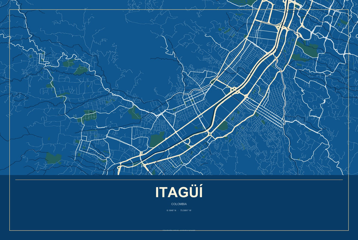 Itagüí, Colombia City Map Aluminum Sign in Harbor Cobalt style