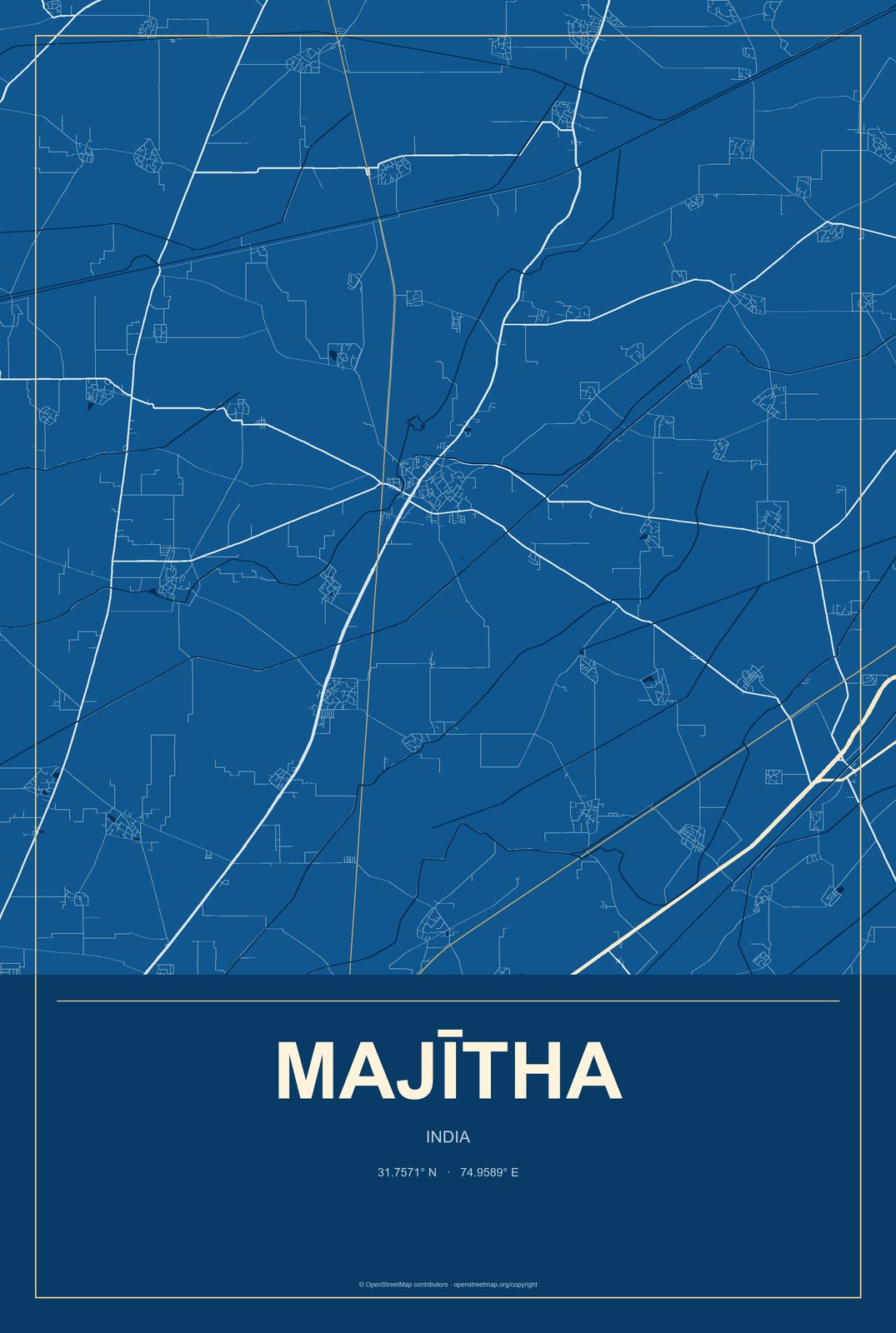 Majītha, India City Map Aluminum Sign in Harbor Cobalt style