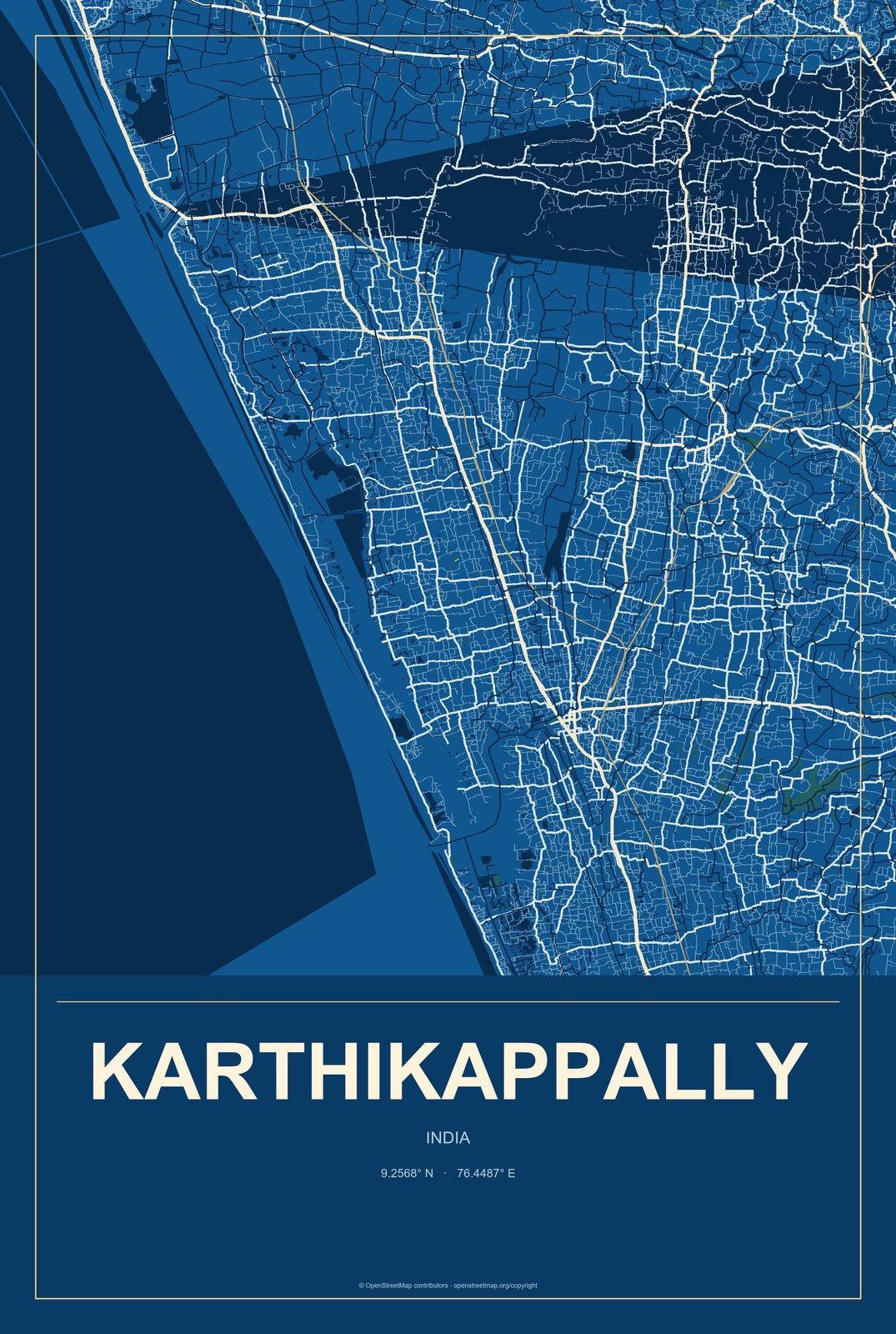 Karthikappally, India City Map Aluminum Sign in Harbor Cobalt style