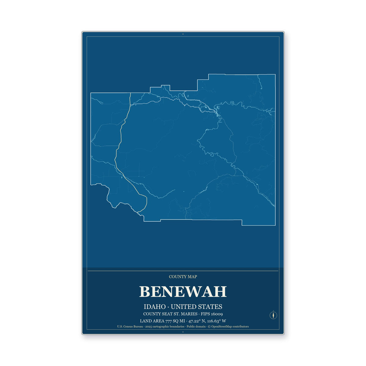 Benewah County, Idaho Map Aluminum Sign in Harbor Cobalt style