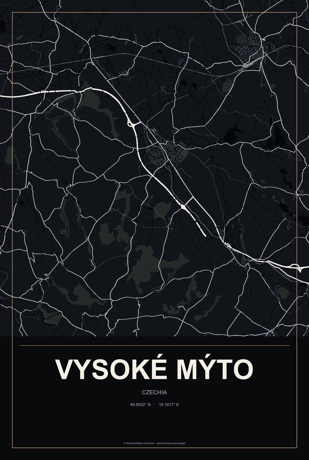 Vysoké Mýto, Czechia City Map Aluminum Sign in Metropolitan Noir style