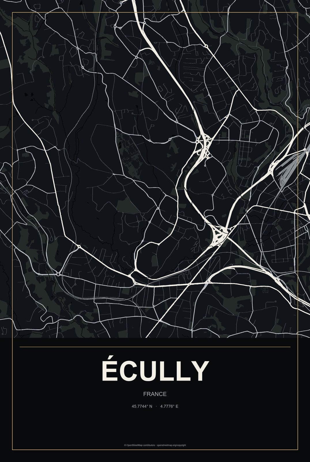 Écully, France City Map Aluminum Sign in Metropolitan Noir style