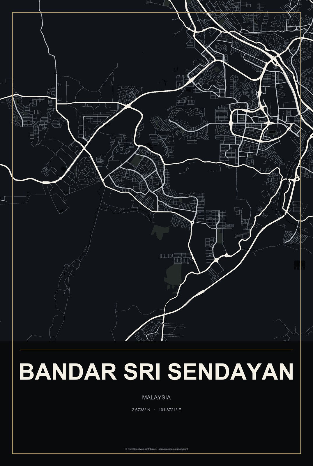 Bandar Sri Sendayan, Malaysia City Map Aluminum Sign in Metropolitan Noir style