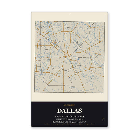 Dallas County, Texas Map Aluminum Sign in Museum Plaque style