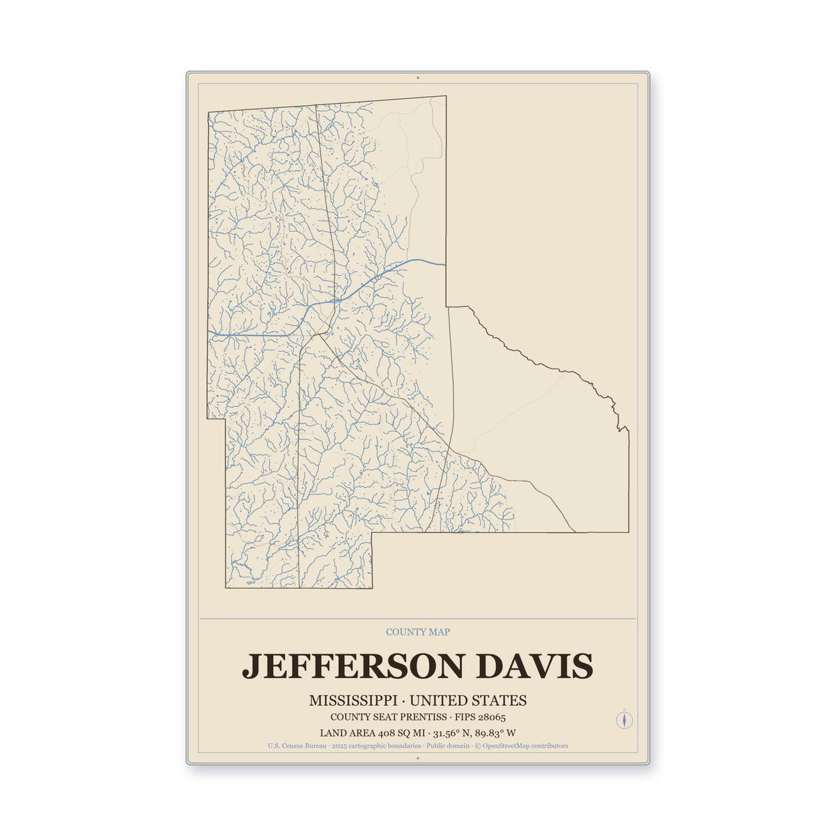 Jefferson Davis County, Mississippi Map Aluminum Sign in Heritage Nautical style