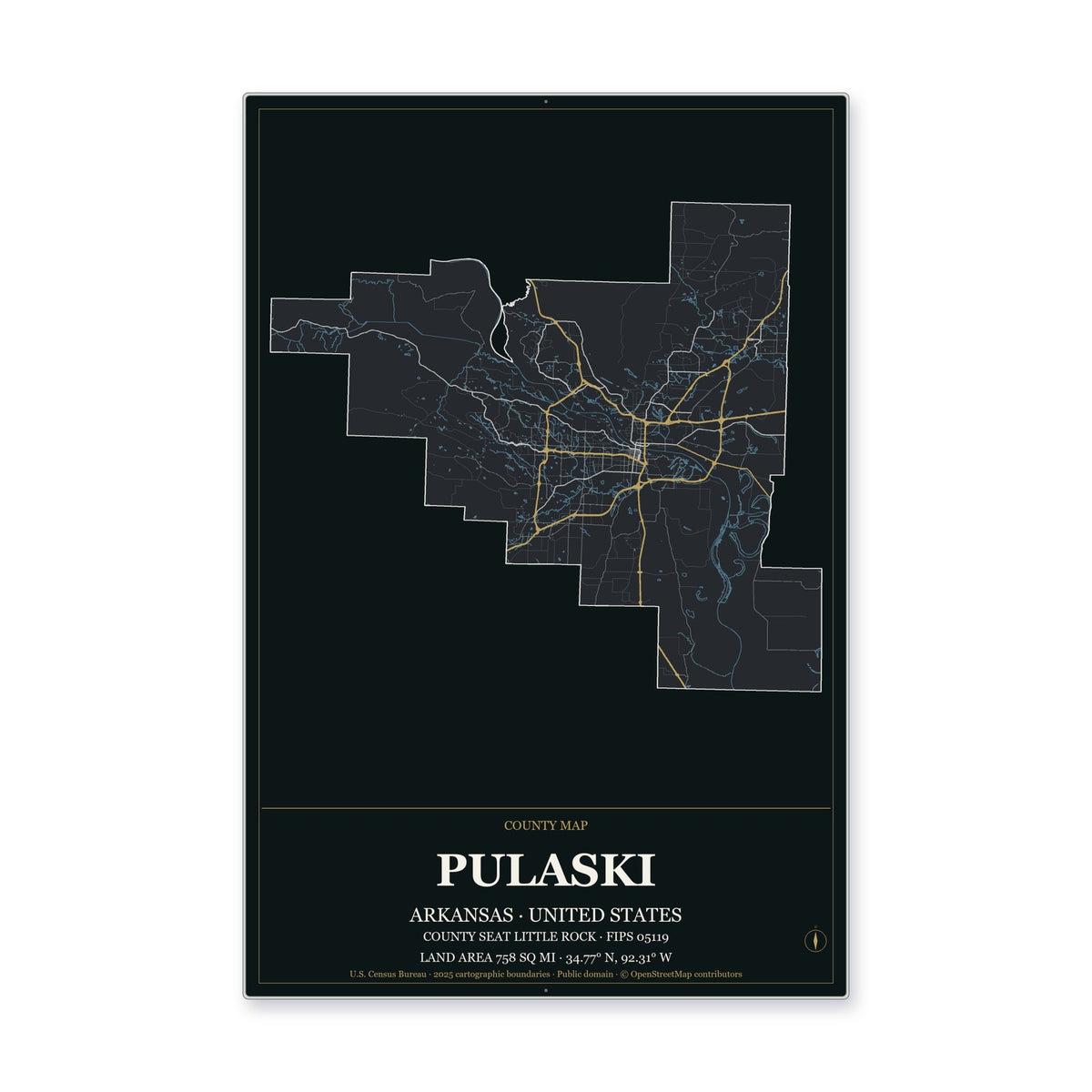Pulaski County, Arkansas Map Aluminum Sign in Metropolitan Noir style