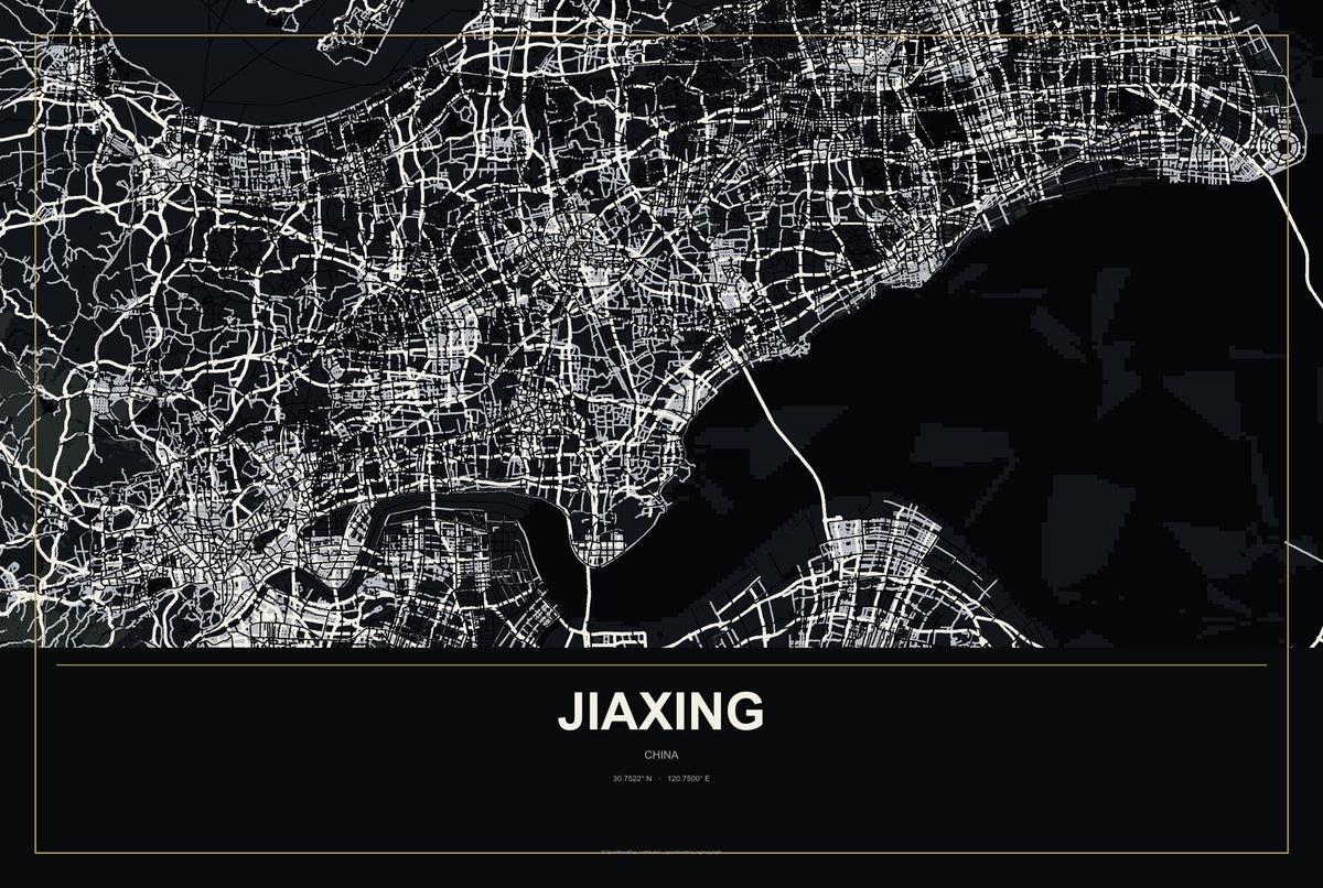Jiaxing, China City Map Aluminum Sign in Metropolitan Noir style