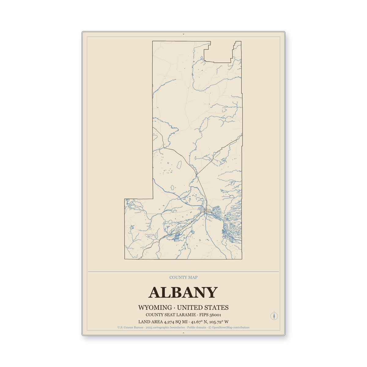 Albany County, Wyoming Map Aluminum Sign in Heritage Nautical style