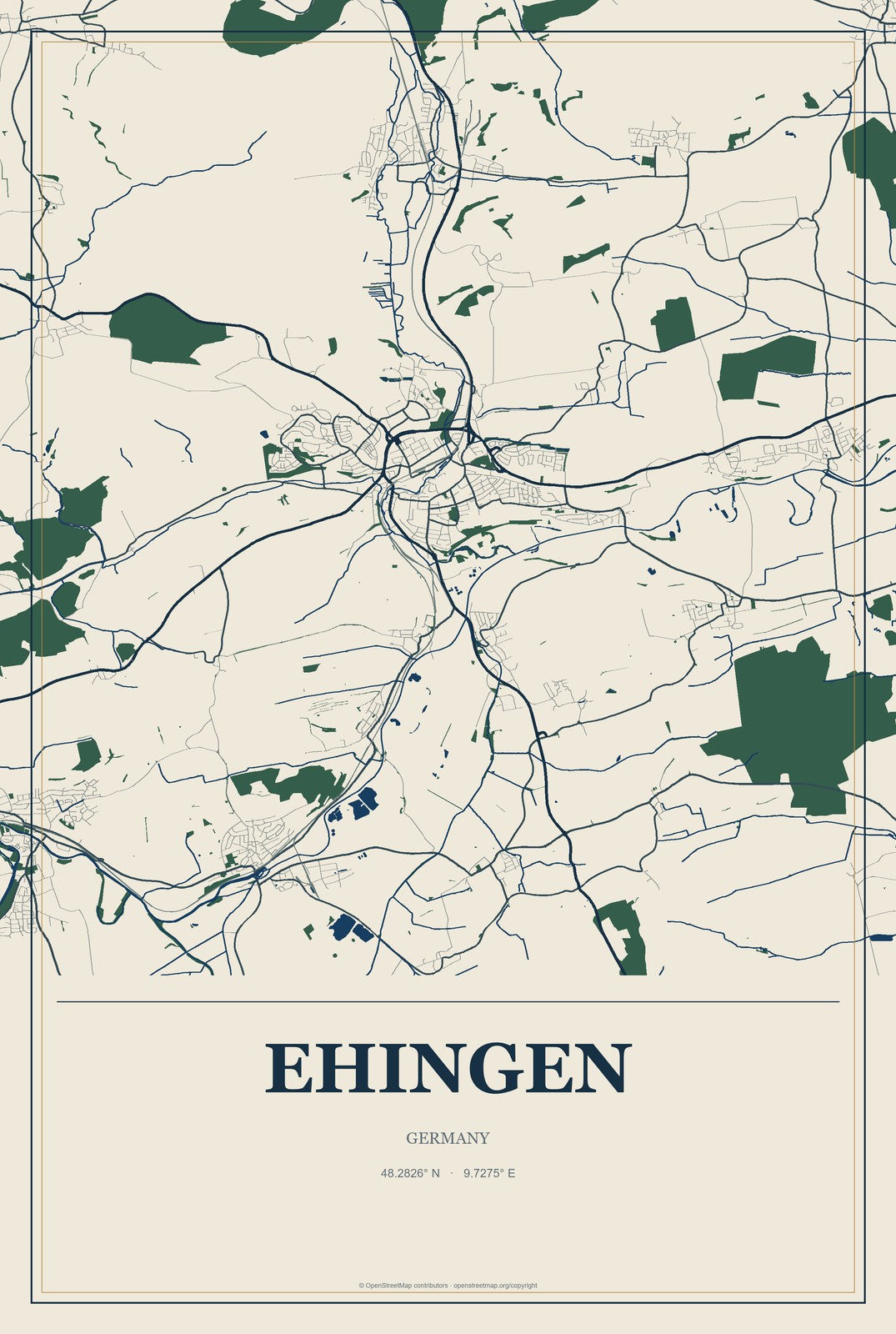 Ehingen, Germany City Map Aluminum Sign in Coastal Cutout style