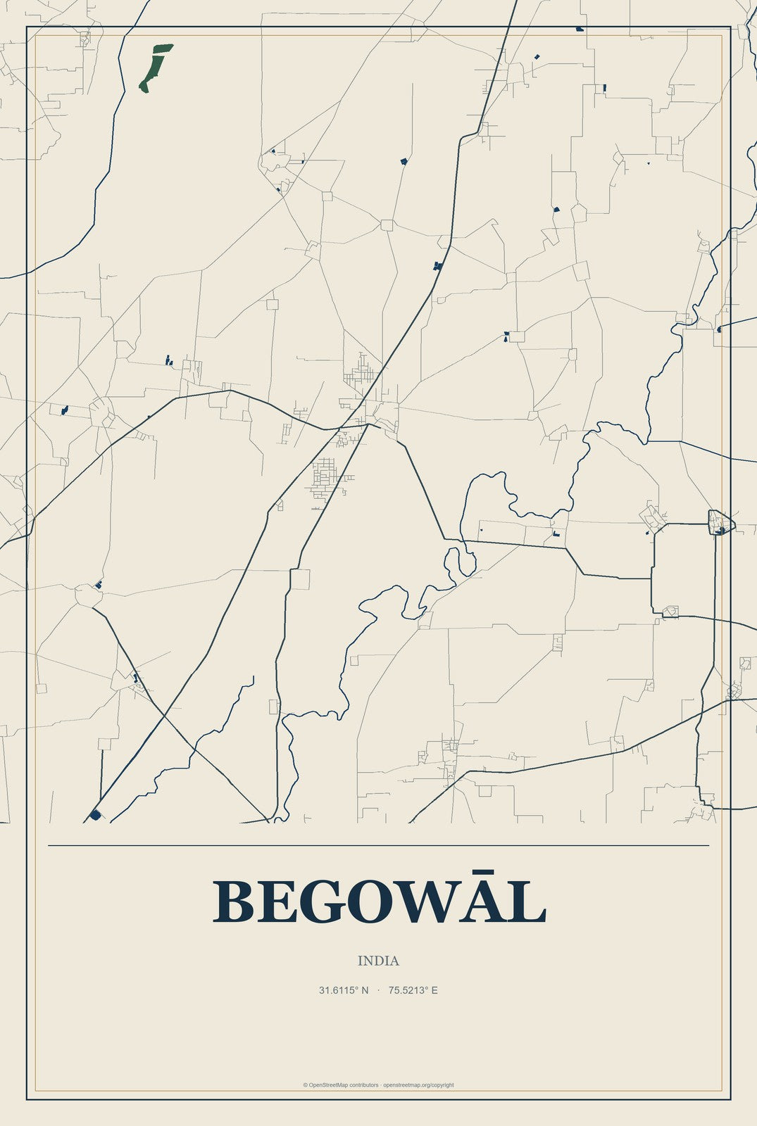 Begowāl, India City Map Aluminum Sign in Coastal Cutout style