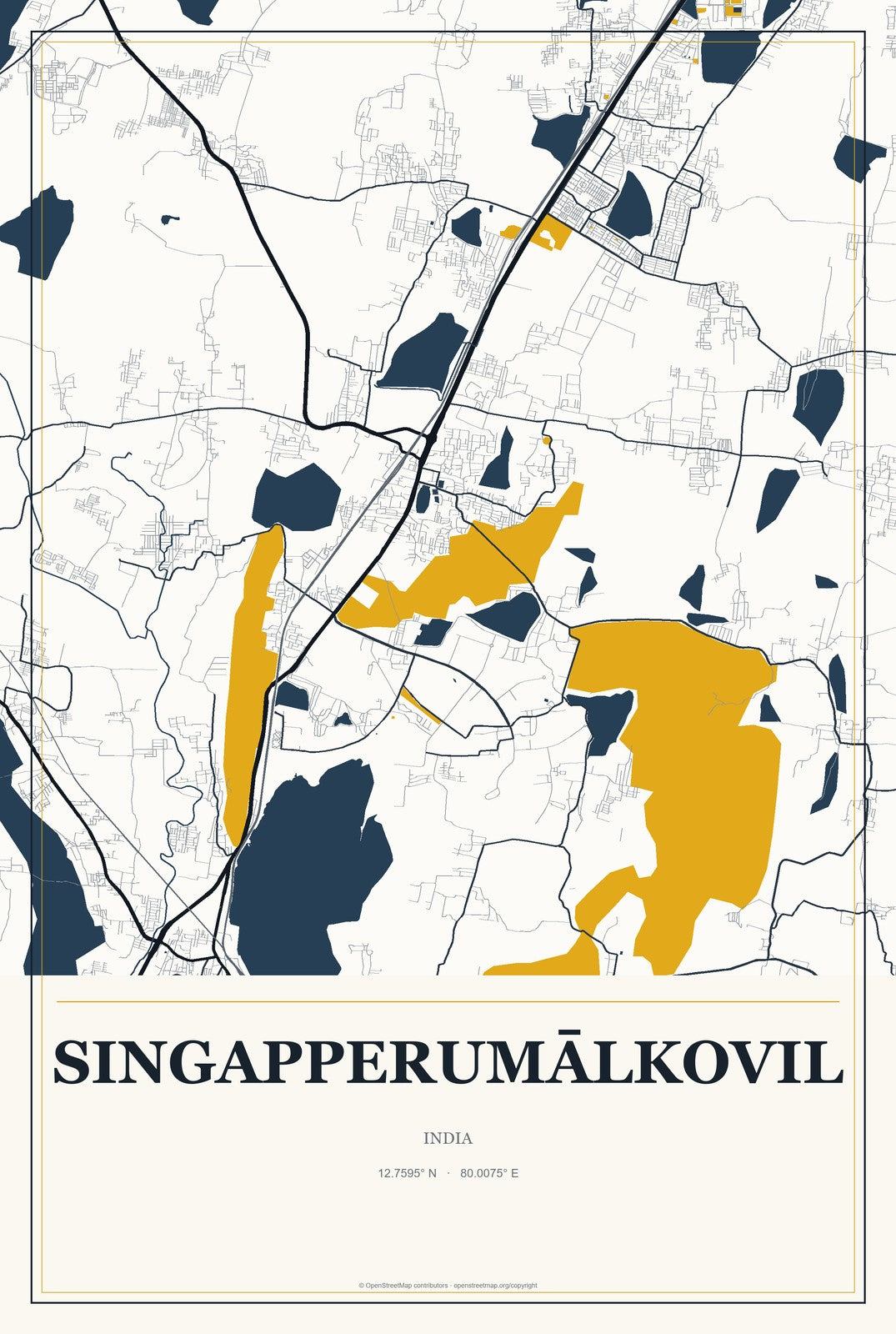 Singapperumālkovil, India City Map Aluminum Sign in Citrine Modern style