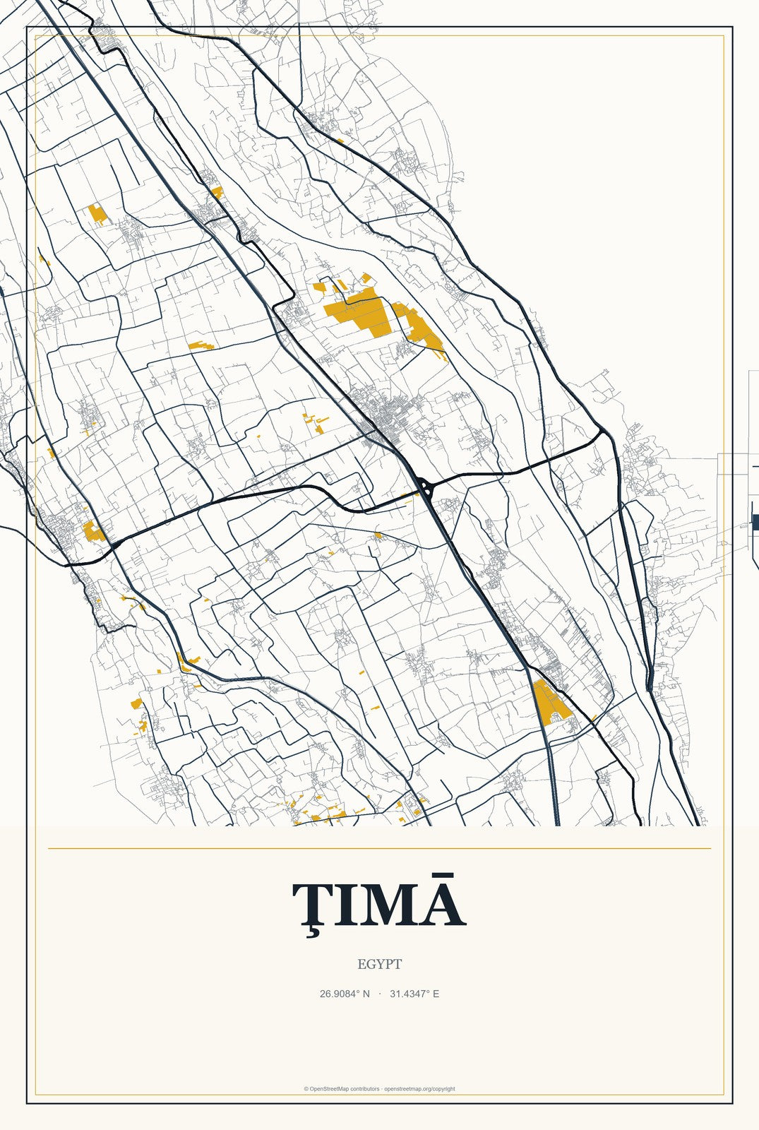 Ţimā, Egypt City Map Aluminum Sign in Citrine Modern style