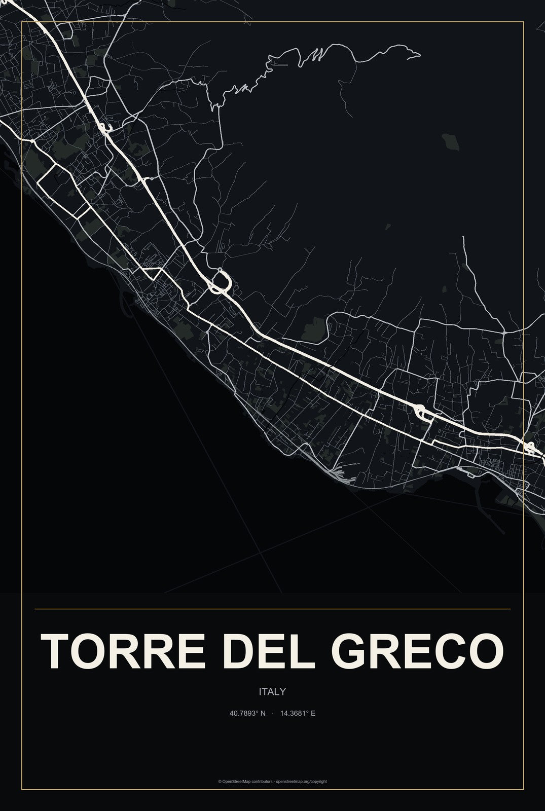 Torre del Greco, Italy City Map Aluminum Sign in Metropolitan Noir style
