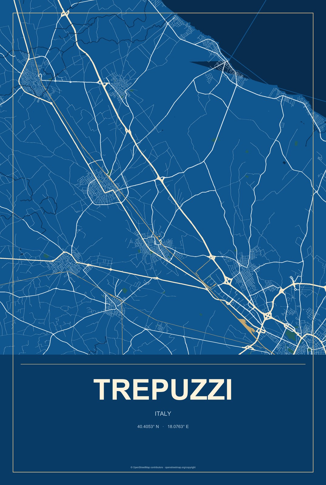 Trepuzzi, Italy City Map Aluminum Sign in Harbor Cobalt style