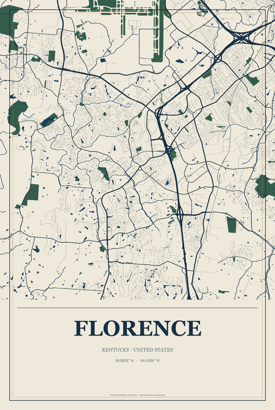 Florence, Kentucky City Map Aluminum Sign in Coastal Cutout style