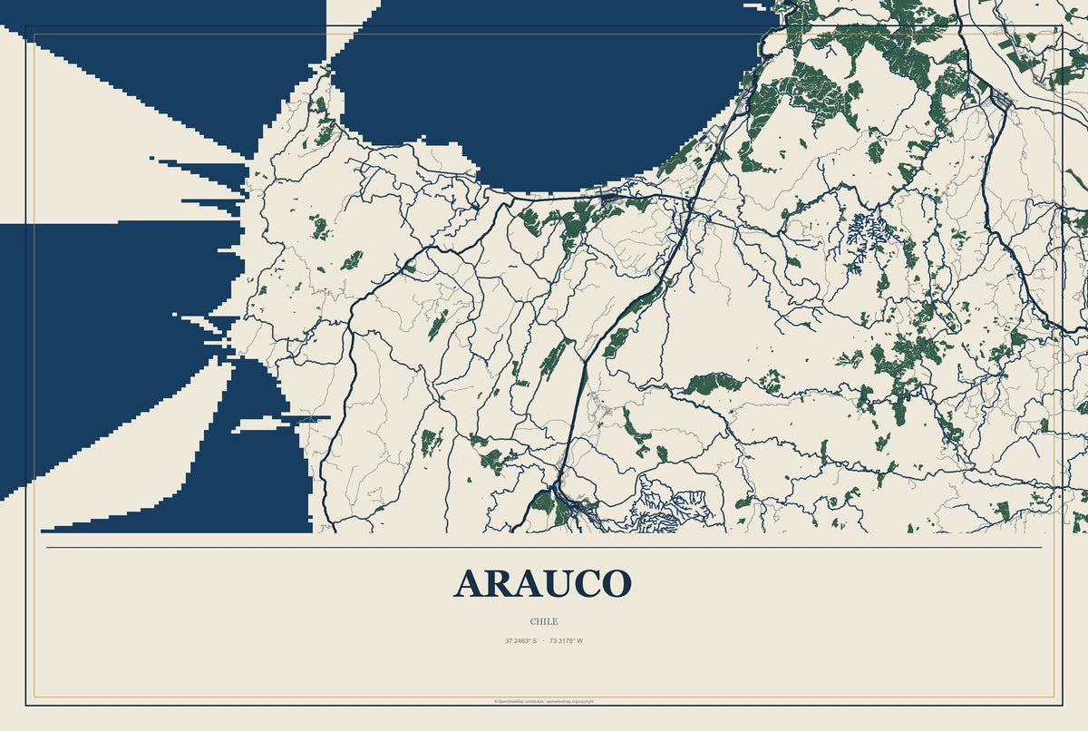 Arauco, Chile City Map Aluminum Sign in Coastal Cutout style