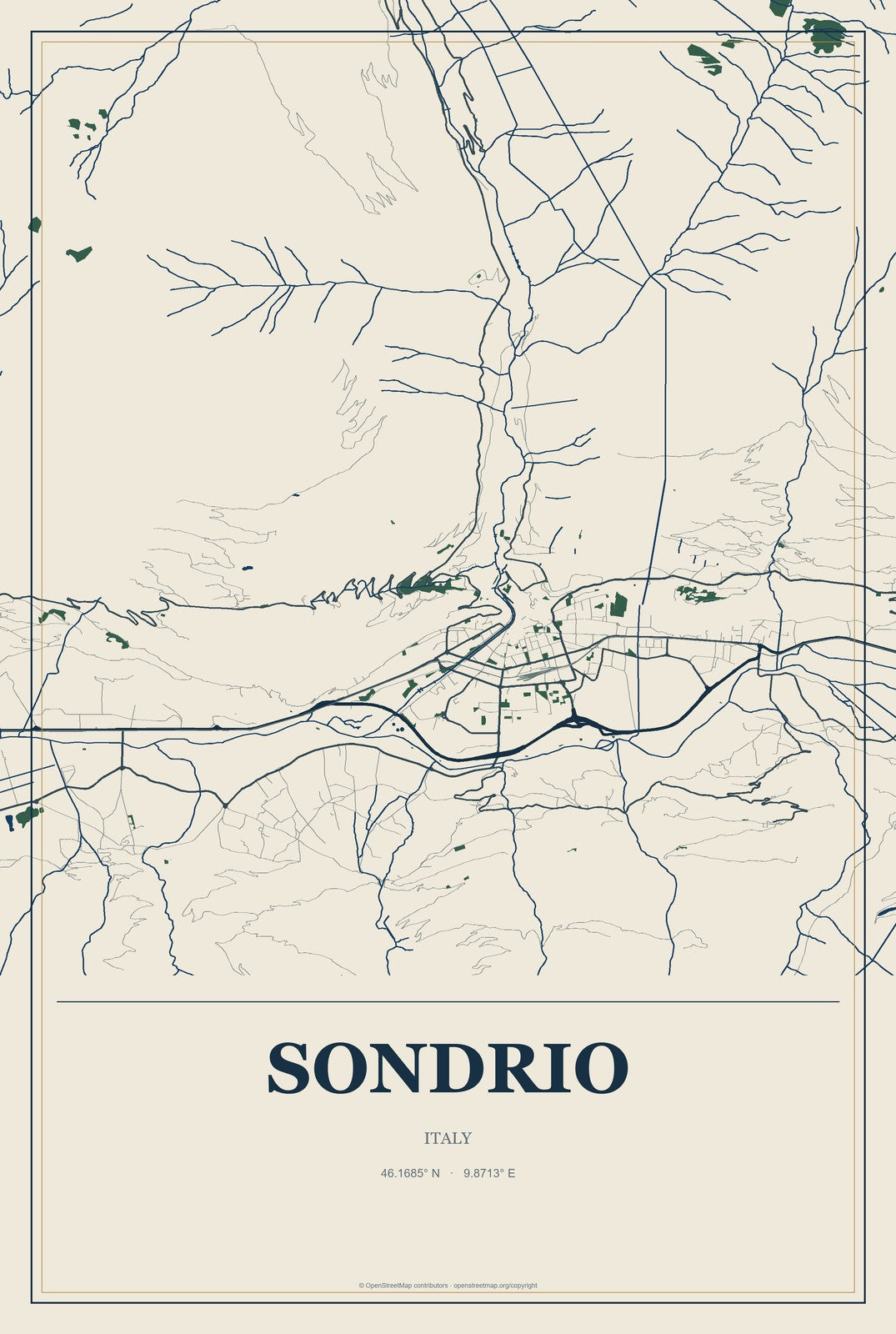Sondrio, Italy City Map Aluminum Sign in Coastal Cutout style
