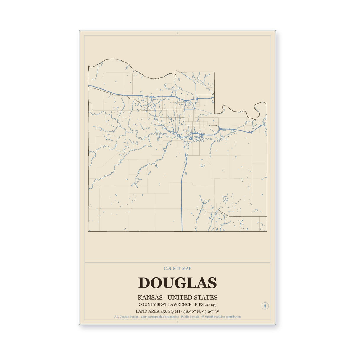 Douglas County, Kansas Map Aluminum Sign in Heritage Nautical style