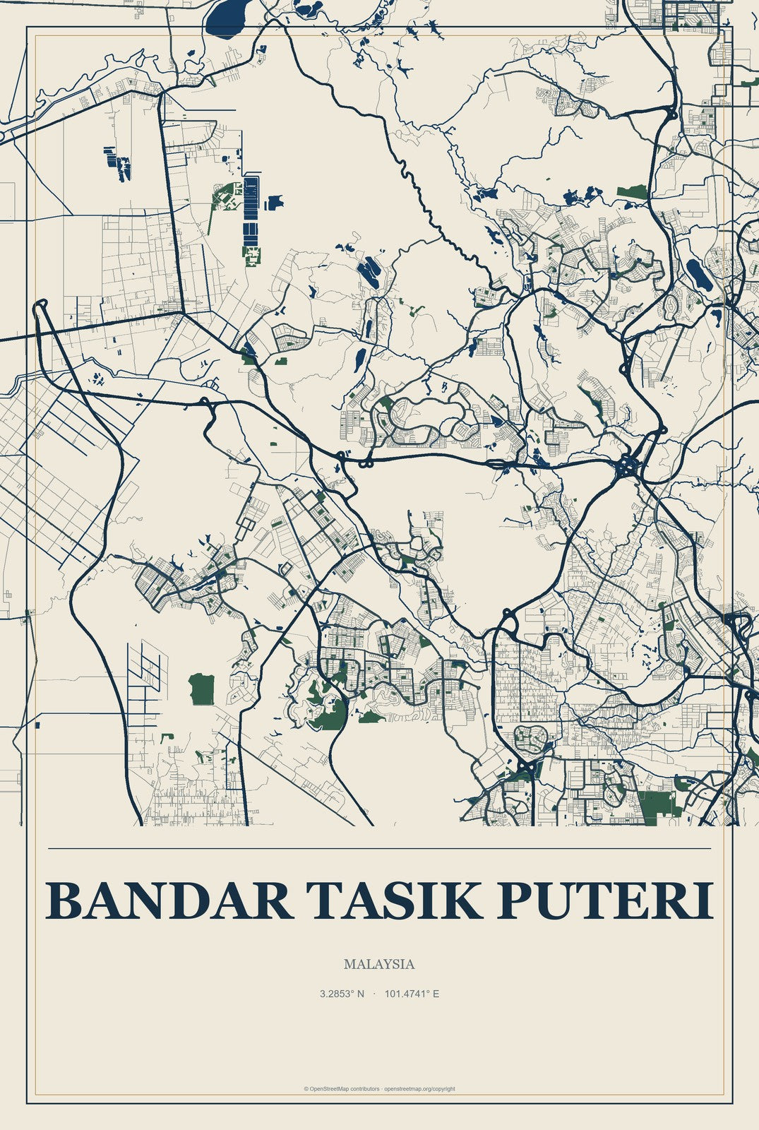 Bandar Tasik Puteri, Malaysia City Map Aluminum Sign in Coastal Cutout style