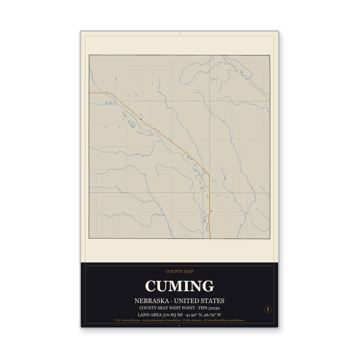 Cuming County, Nebraska Map Aluminum Sign in Museum Plaque style
