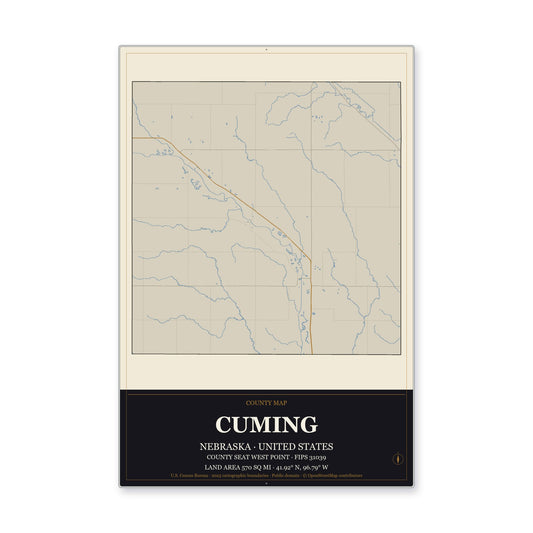 Cuming County, Nebraska Map Aluminum Sign in Museum Plaque style